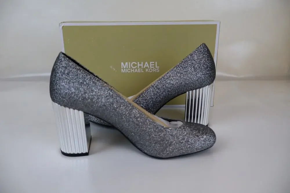 NEW Michael Kors Porter Flex Pump Heels Womens Silver Glitter Chain Mesh Size 6M